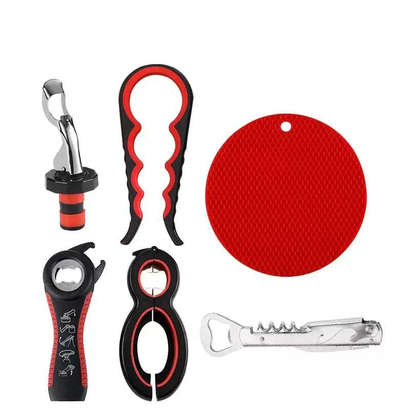 "6-in-1 Jar Opener with ergonomic grip, designed for opening jars, bottles, and cans effortlessly."