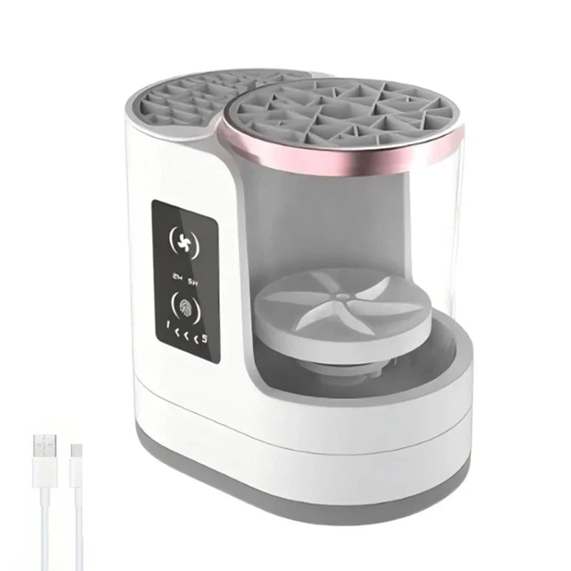 "3-in-1 Makeup Brush Cleaner effortlessly cleaning, rinsing, and drying makeup brushes."